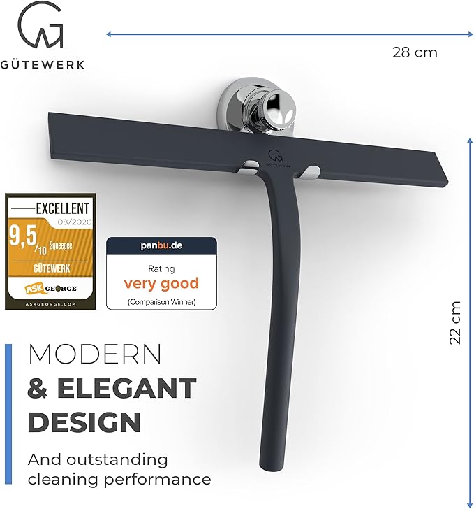 G횥TEWERK Shower Squeegee for Glass Doors, Silicone Window Squeegee, Bathroom and Glass Cleaning - Black - 11 Inch