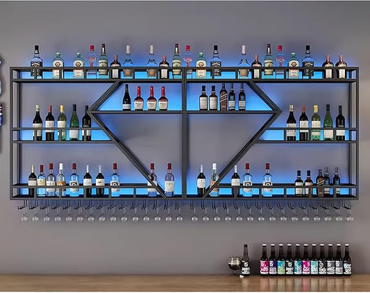 118 Inch Modern Wall Mounted Wine Rack with LED Light, Large Metal Bar Shelves for Liquor Bottles, Stylish Wall Wine Rack Storage Organizer for Dining Room & Home Bar(Black-Blue Led, 118in)