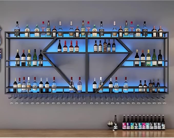 79 Inch Modern Wall Mounted Wine Rack with LED Light, Large Metal Bar Shelves for Liquor Bottles, Stylish Wall Wine Rack Storage Organizer for Dining Room & Home Bar(Black-Blue Led, 79in)