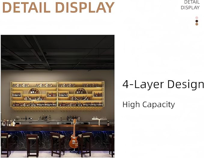 47in Modern Wine Rack Wall Mounted, Metal Wall Bar Shelves for Liquor Bottles with Glass Holder, Multifunctional Wood Bar Shelves Wall Mounted for Home Bar, Dining Room & Kitchen, Gold
