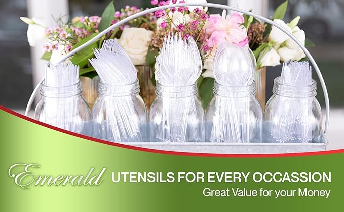 Party Bargains Emerald Clear Plastic Silverware 360 pcs Set: 180 Forks, 120 Spoons, 60 Knives. Heavy Duty Elegant Cutlery Disposable Utensils Combo Pack Fundraising, Catering, Galas, Cocktail Parties