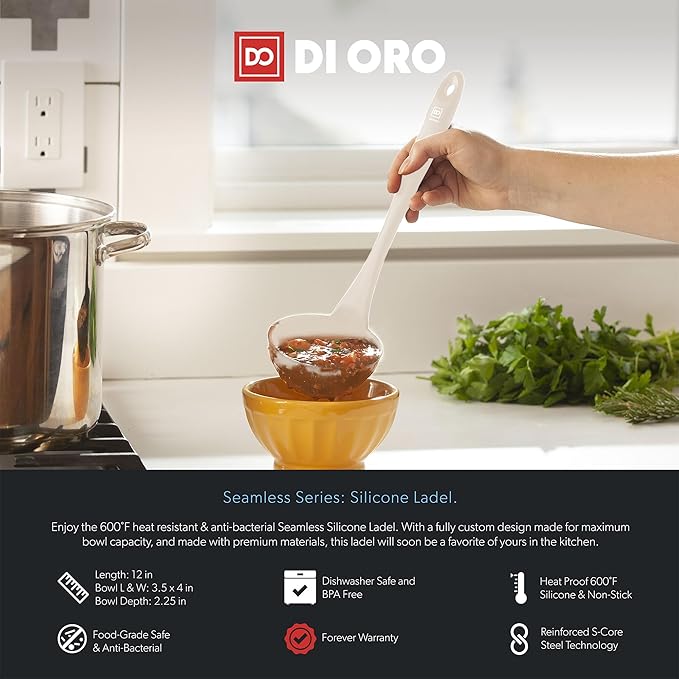 DI ORO Silicone Ladle ??Soup Ladle for Cooking & Serving Heat-Resistant - Large Kitchen Soup Ladle Nonstick Cookware Safe - Soup Serving Spoon with Wide Bowl - Silicone Utensil Dishwasher Safe (Clay)