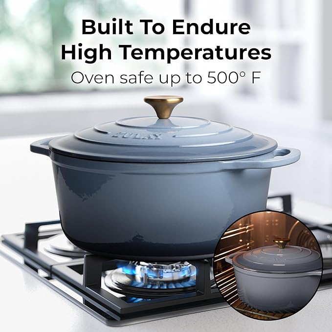 Zulay Kitchen 6 Quart Enameled Cast Iron Dutch Oven Pot with Lid ??Premium Durability & Oven Safe up to 500째F ??Heavy Duty Cookware Perfect for Bread Baking, Stews, Braising & Roasting - Aquamarine
