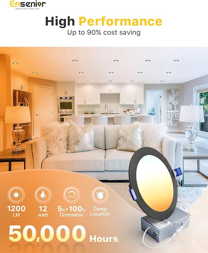 Ensenior 4 Pack 6 Inch LED Recessed Light, Dimmable, 2700K-5000K 5CCT, 1200LM High Brightness, 12W 120V, Damp Rated, Ultra-Thin Canless Wafer Light, Black - ETL & FCC & IC