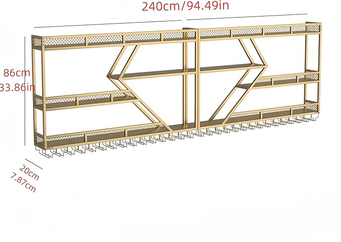 94 Inch Metal Wine Rack Wall Mounted, Modern Bar Shelves Wall Mounted Wine Rack with LED Light, Liquor Shelf Wall Mounted, Bar Shelves for Liquor Bottles (Gold with Blue Led, 94-3 Tier)