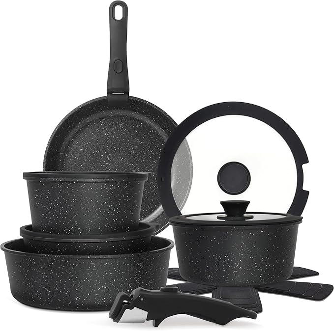 15PCS Pots and Pans Set Non Stick, Kitchen Cookware Sets with Detachable Handle, Ceramic Cookware Sets, Non Stick RV Cookware Cooking Set, Dishwasher 竊?Oven Safe, PFOA Free, Black