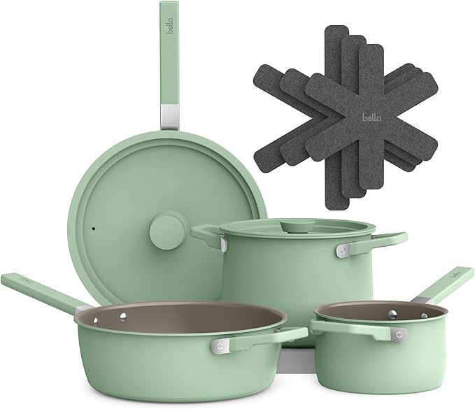 bella 9 Piece Ceramic Nonstick Cookware Set, Fits-anywhere??Kitchenware w EverGood??Coating, Dishwasher & Oven Safe, All Stovetops Compatible, Stackable Design, Cool Touch Handles, Seaglass