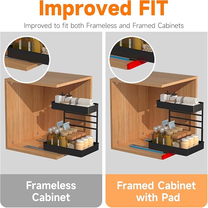 EVERIE Height Adjustable 2 Tier Metal Pull Out Slide Shelf Organizer for Under Sink Cabinets in Kitchen, Bathroom, with Snap-on Top Tray, 16" Deep (Black, 2 Sets) | Pull Out, Slide Shelf