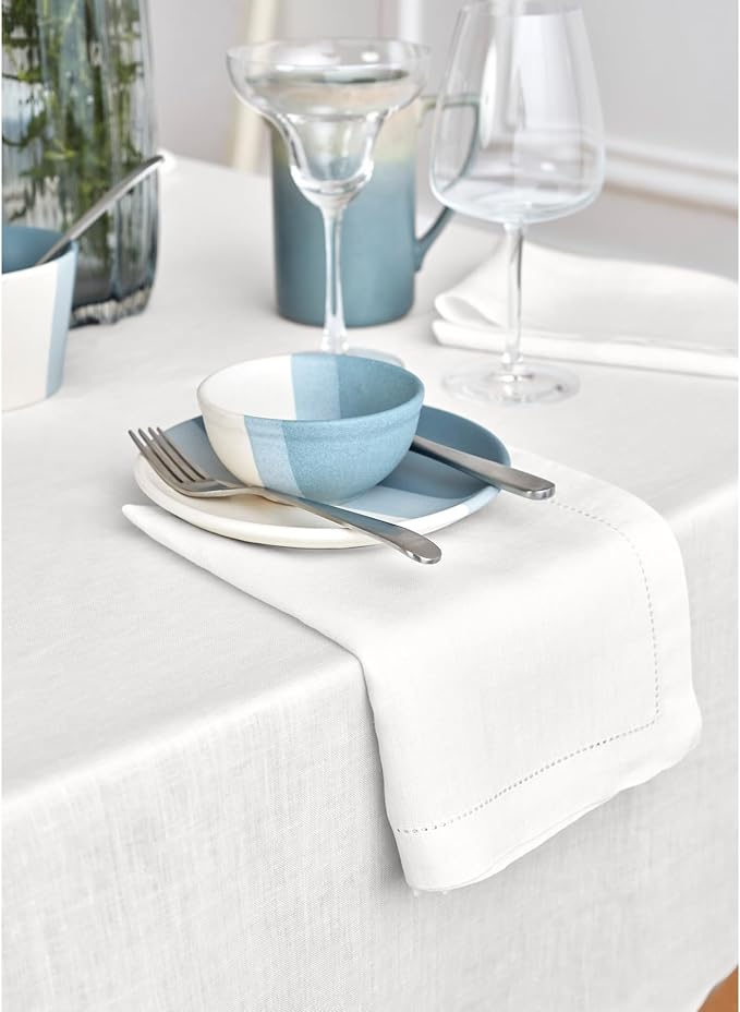 Solino Home White Linen Tablecloth 70 x 70 Inch - 100% Pure Linen Square Table Cloth - Sonoma, Machine Washable Tablecloth for Winter, Christmas, Holiday, New Year