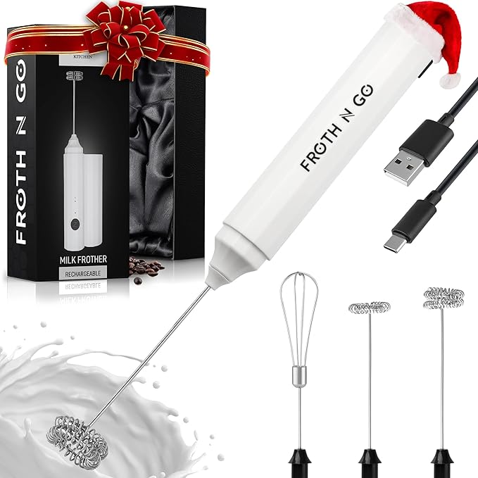 Zulay Froth N Go Milk Frother ??Rechargeable 3-in-1 Handheld Frother Wand with Travel Case & USB-C Charger ??Single, Double & Egg Whisk for Latte, Cappuccino, Matcha, Protein Shakes ??White