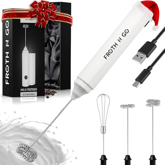 Zulay Froth N Go Milk Frother ??Rechargeable 3-in-1 Handheld Frother Wand with Travel Case & USB-C Charger ??Single, Double & Egg Whisk for Latte, Cappuccino, Matcha, Protein Shakes ??White