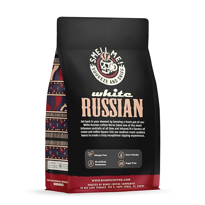 Bones Coffee Company White Russian, Cream and Cocktail Flavored Coffee, Medium Roast Low Acid Arabica Beans Compatible with Auto drip and French Press Coffee Maker, 12 Oz Whole Bean