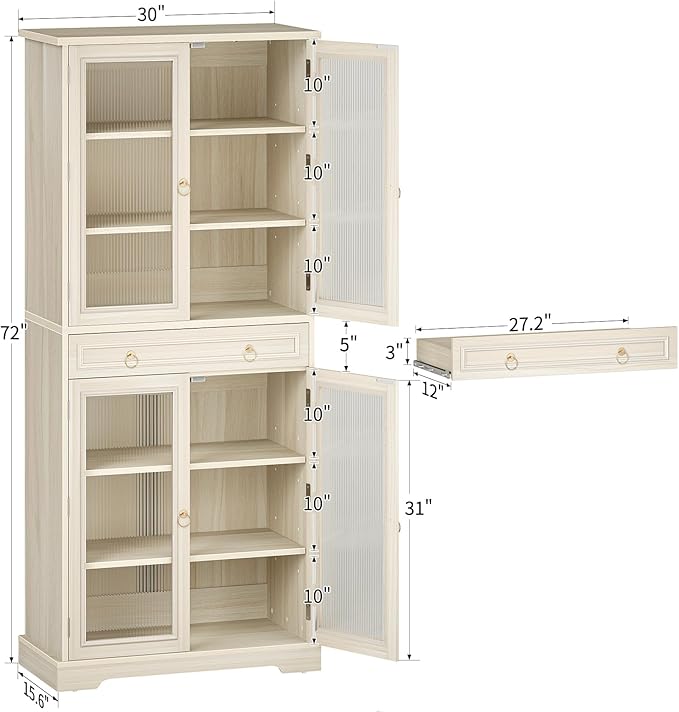Kitchen Pantry Cabinet with Arcylic Doors and Adjustable Shelves - 72" Tall Storage Cabinet Freestanding Cupboard with Drawer, Food Pantry Cabinet, Wood Storage Cabinets for Dining Room, White