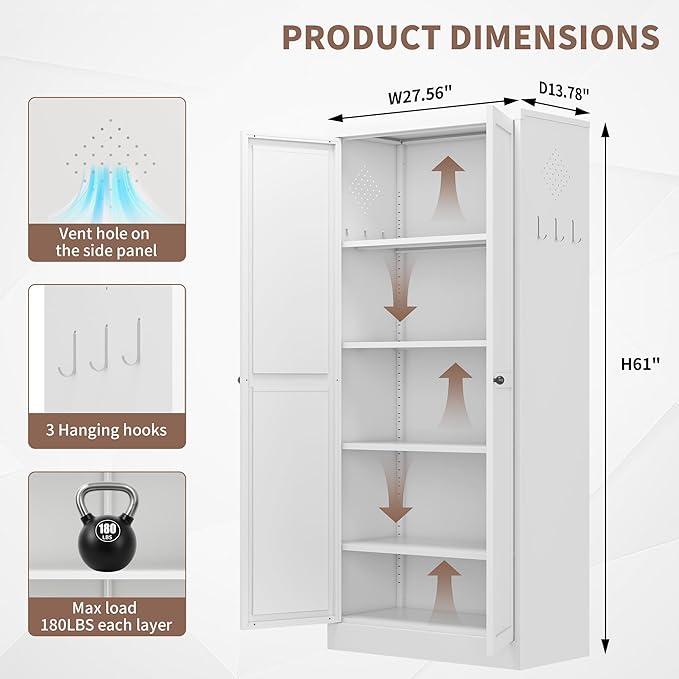 Kitchen Pantry Storage Cabinets with 4 Adjustable Shelves, 61" Tall Kitchen Cupboard Metal Food Pantry Cabinet for Kitchen, Dining Room, Living Room and Bathroom, Assembly Required(White)