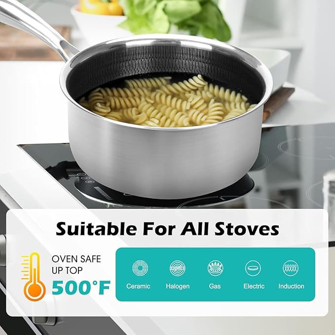 2.5QT Stainless Steel Saucepan With Lid, Honeycomb Non-stick Cooking Pot, Eco-Friendly PFOA-Free Coating, Compatible with All Cooktops, Perfect for Milk, Soup, Oatmeal & Baby Food, Dishwasher Safe