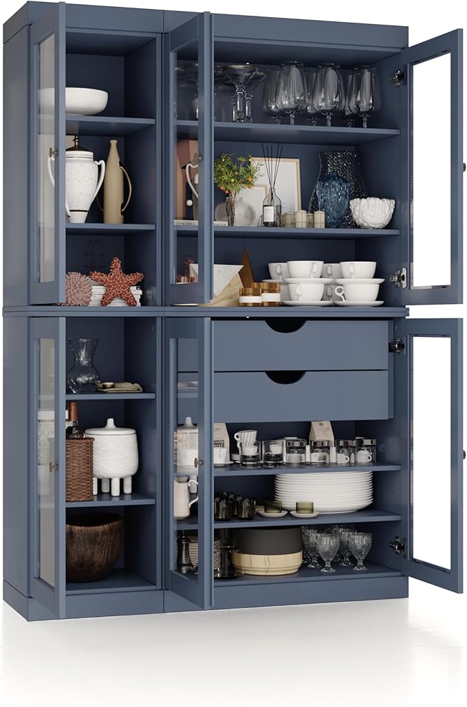 Palace Imports 100% Solid Wood 48.5" Pantry China Cabinet with Clear Glass Doors, 2-Drawers and Adjustable Shelves (Antique Blue)