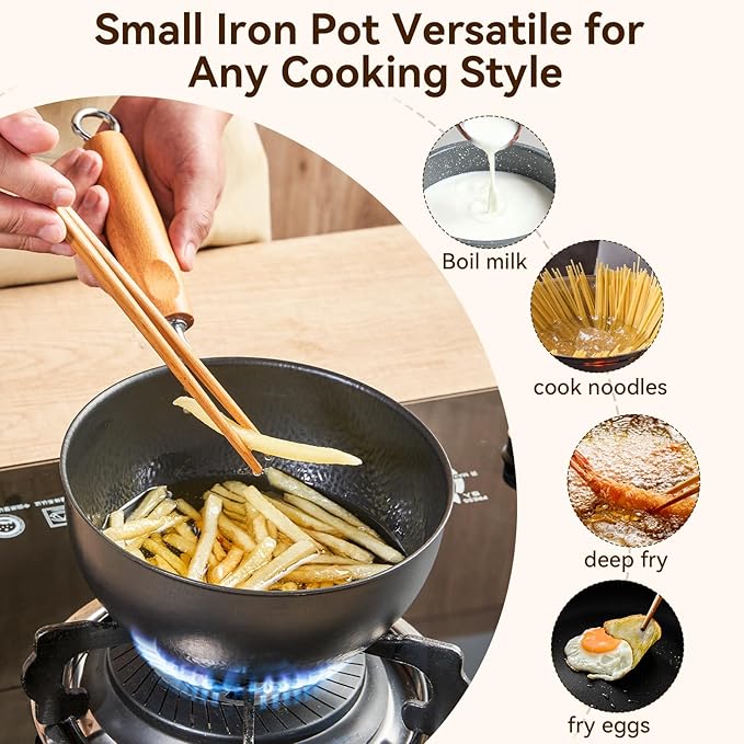 WANGYUANJI 7.1 Inch Hammered Iron Saucepan with Glass Lid, Removable Beechwood Handle, Small Milk Pot for Boiling, Simmering, Heating ??Non-Coated, Stovetop Compatible