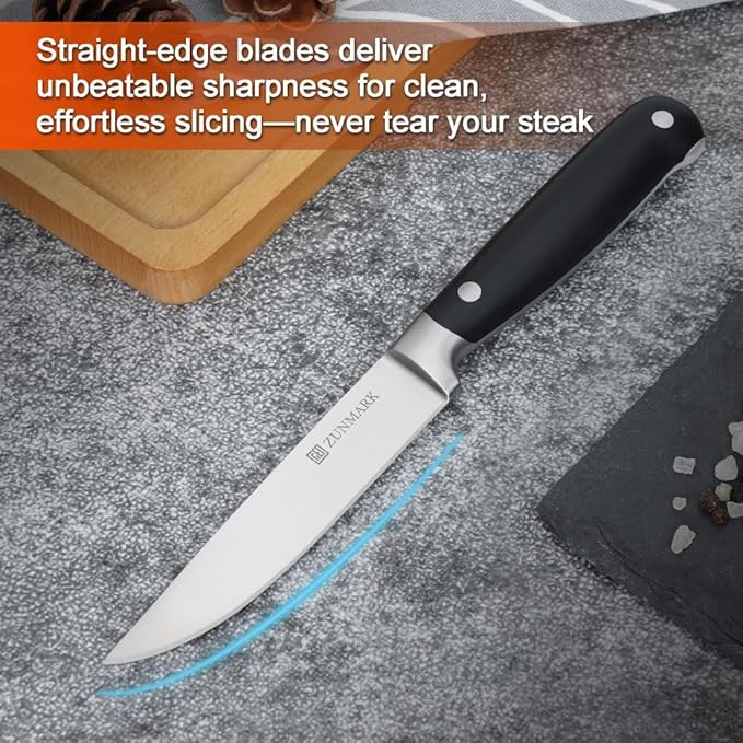 Skylark Series Steak Knives Set of 8 ??Forged High-Carbon X50CrMoV15 Steel Straight Edge, 4.5" Full Tang Kitchen Knives, One-Piece Design