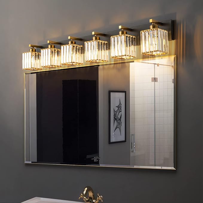 Modern Bathroom Vanity Light 6-Lights Black Gold Crystal Bathroom Wall Light Vanity Light Fixturesï¼?4.09-inch Modern Minimalist Design