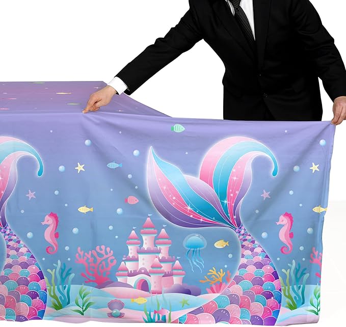 Gatherfun Mermaid Party Supplies Set: 2-Pack Rectangular Plastic Tablecloths, 54 x 108 Inches, Purple (Gradient) Mermaid Pattern, Kids & Girls 1st Birthday Decorations
