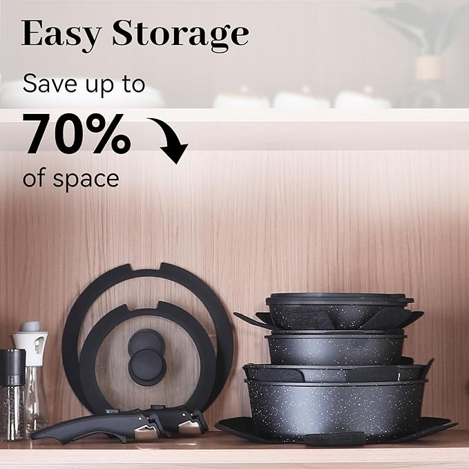 15PCS Pots and Pans Set Non Stick, Kitchen Cookware Sets with Detachable Handle, Ceramic Cookware Sets, Non Stick RV Cookware Cooking Set, Dishwasher 竊?Oven Safe, PFOA Free, Black