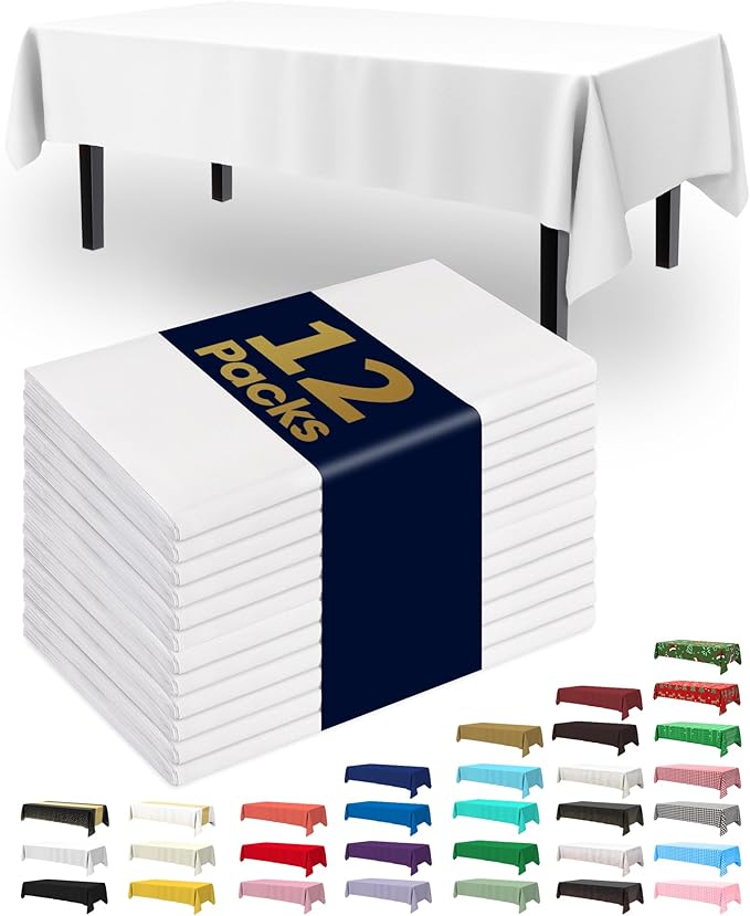 Pureegg Plastic Table Cloth Disposable 12 Pack, 54 x 108 Inch Table Cloths, Party, Picnic, Wedding, Decorative Tablecloths, Rectangle, White Plastic Cover, Leakproof & Sturdy, White