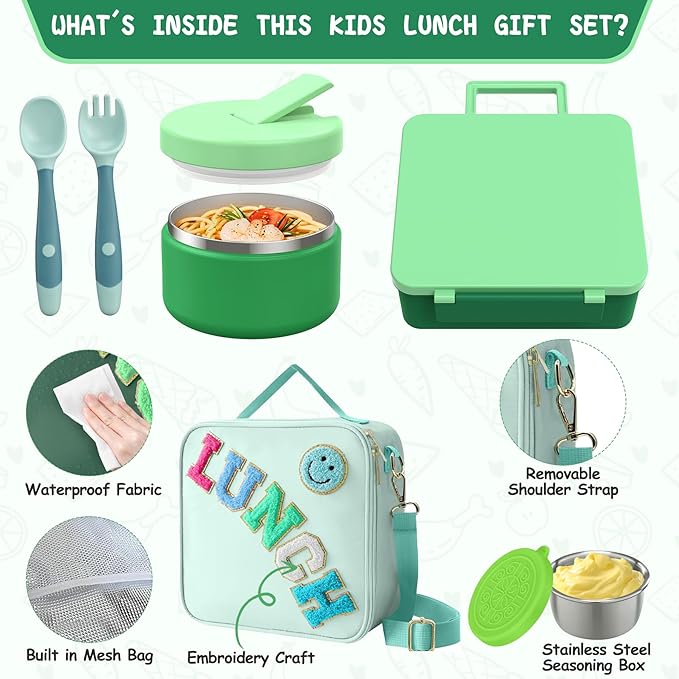 Aimsnk Kids Bento Lunch Box with 8oz Soup Thermo, Kids Leakproof Lunch Food Containers with 4 Compartment,Insulated Hot Food Jar with Lunch Bag for School, Travel (Green)