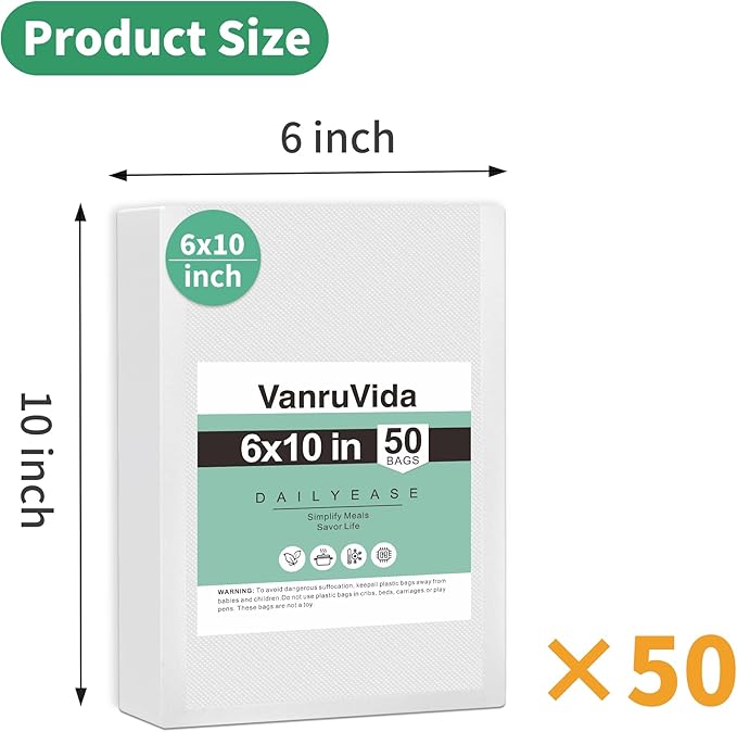 VanruVida 50 Count Vacuum Sealer Bags,6??x 10??Pre-Cut Pint Size,Commercial Grade Textured with Double Tear Notches,BPA Free,Food Storage Bags for Freezer, Meal Prep, or Sous Vide