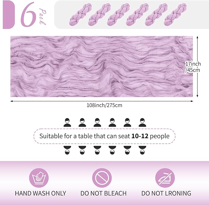 RealBox 6 Pack Lavender Cheesecloth Table Runner 17x108 Inch Semi Sheer Boho Gauze Cheese Cloth Fabric Table Runners Table Decor for Wedding Party Baby Shower Birthday Home Decor Garden Farmhouse