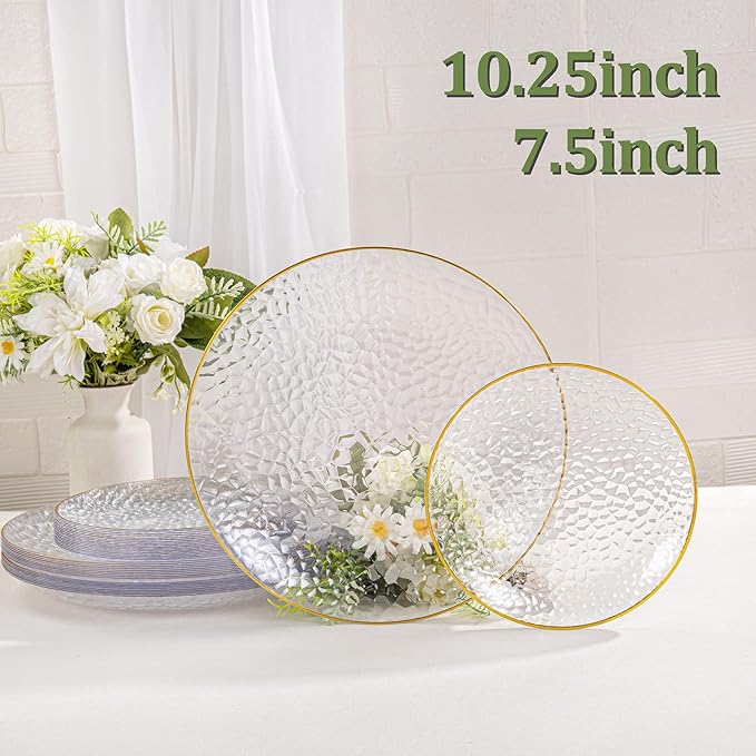 SUT 100Pcs Clear Plastic Plates, Hammered Plates Disposable Heavy Duty, Clear Disposable Plates With Gold Rim, Fancy Plastic plates Include 50 Dinner plate and 50 Dessert plate for Wedding