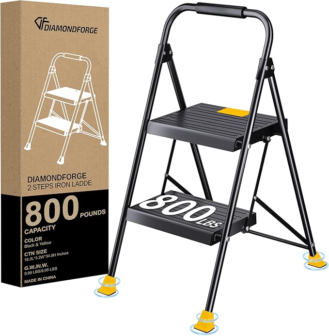 Step Ladder Foldable Folding Stool - for Home Adults Kitchen 2 Stepping Extension Tall Heavy Duty with Handrails - Closet Stepstool Stair Ladders Extendable Stepladder for Indoor House 800Lbs