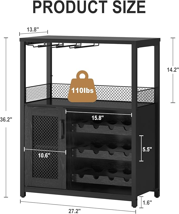 Vintage Industrial Wine Bar Cabinet with Adjustable Wine Racks and Glass Holders, Mesh Door Sideboard Storage Cabinet for Living Room, Kitchen, Dining Room, Compact Design, Black with Light