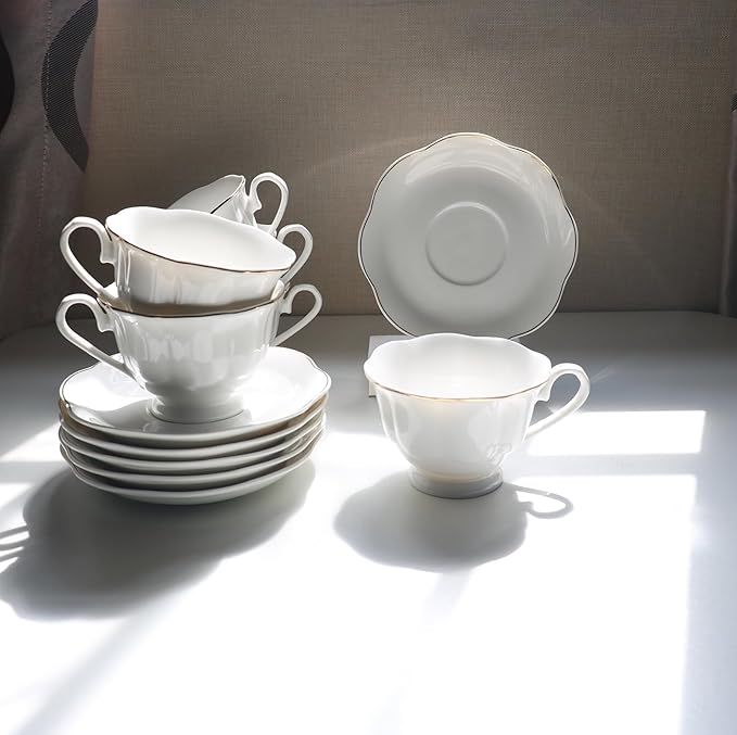 Guangyang 12 Pieces Tea Cup set Fine Porcelain 6oz Cup and Saucer set of 6 for Cappuccino Tea Flat White Coffee