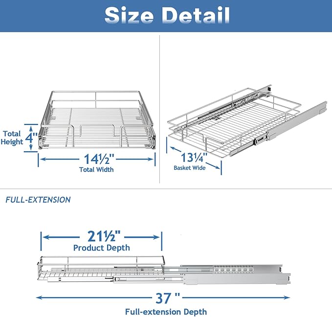 Pull Out Cabinet Organizer 14쩍" W x 21쩍" D, Heavy Duty Cabinet Pull Out Shelves, Slide Out Drawers Organization for Kitchen Cabinets Bathroom