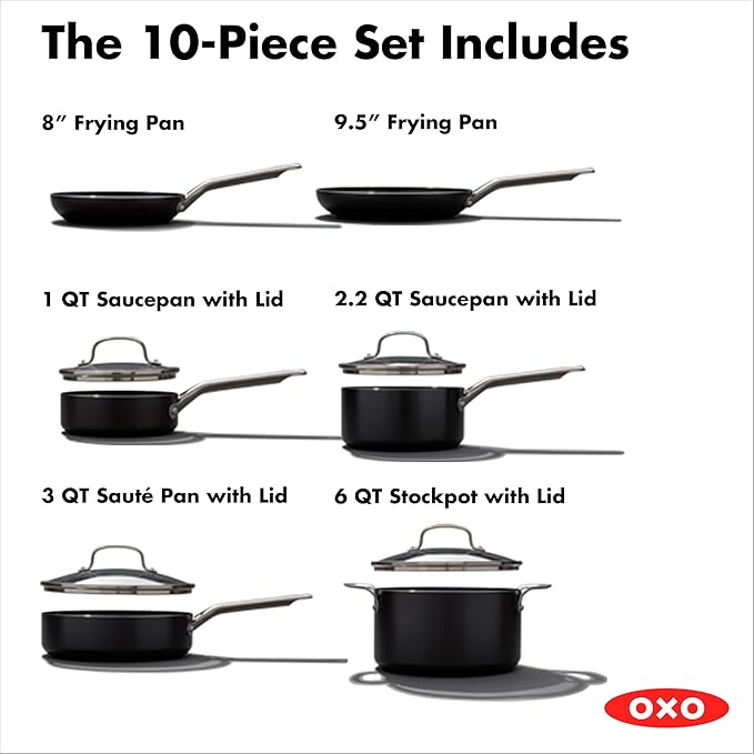OXO Agility Series 10 Piece Cookware Pots and Pans Set, Ceramic Nonstick PFAS-Free, Induction, Skillets,Saucepans,Lids,Even Heating,Stainless Steel Handles,Chip-Free Rims,Dishwasher & Oven Safe,Black