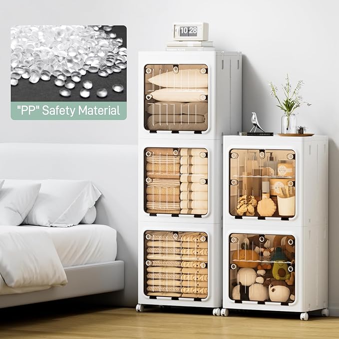 JEKO&JEKO Expanded Narrow Bathroom Storage Cabinet, 3-Tier Tall Cabinet Organizer with Wheels, Foldable Plastic Storage for Kitchen, Laundry Room or Home, White