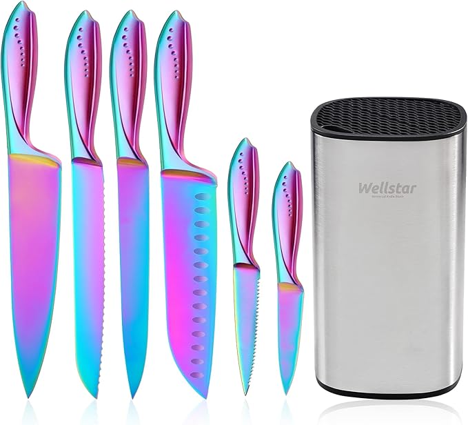 WELLSTAR Rainbow Knife Set - 7-Piece Iridescent German High-Carbon Stainless Steel Kitchen Knives with Universal Knife Block, Colorful Kitchen Cutlery for Cooking and Food Prep