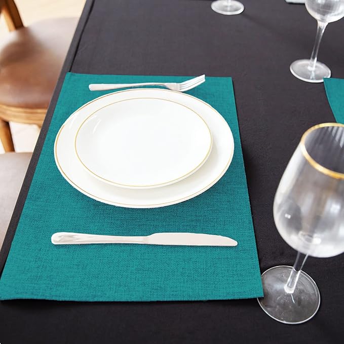 Rinpon Cloth Placemats Set of 8, Linen Type Fabric Placemats Machine Washable Heat Resistant Placemats Wrinkle Free Thick Polyester Kitchen Place Mats for Dining Table (Teal Blue)