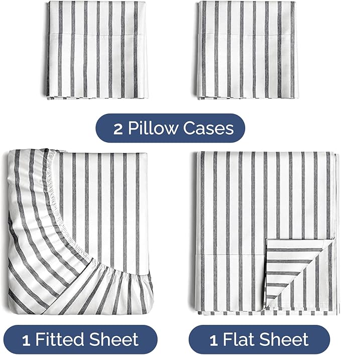 Twin XL 4 Piece Sheet Set - Cooling and Breathable Bed Sheets - Hotel Luxury Bed Sheets for Women, Men, Kids and Teens - Deep Pockets - Easy Fit - Soft and Wrinkle Free - Twin XL Grey Stripes Sheets