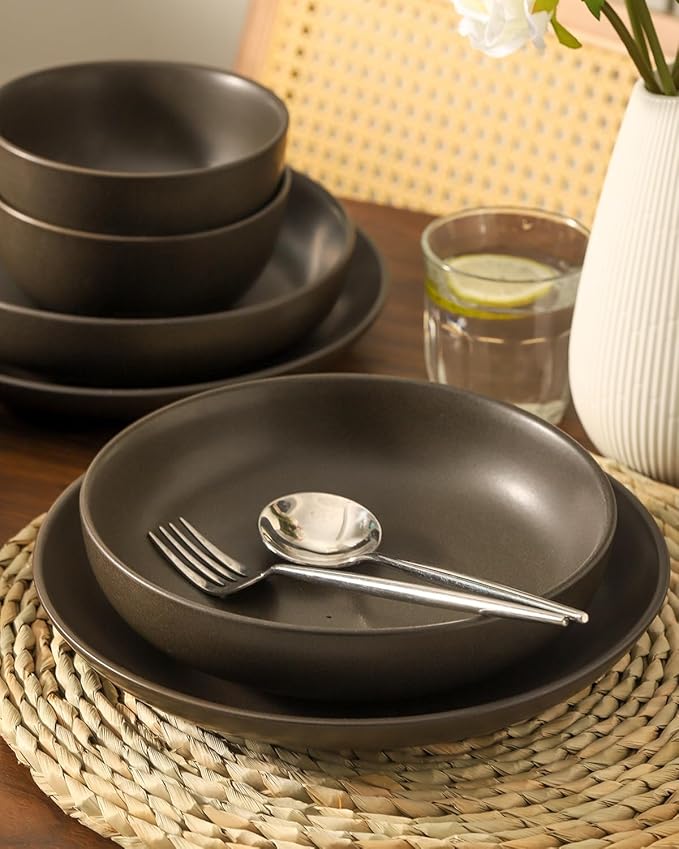 Stoneware Dinnerware Set for 4 Person,12 Pieces Ceramic Plates and Bowls Sets Matte Black Modern Dish Set for Kitchen Dinner,Scratch Resistant,Microwave and Dishwasher Safe,Round