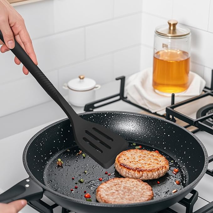Silicone Cooking Utensils Set - 600째F Heat Resistant, Nonstick Kitchen Utensil Set with Spatulas, Spoons, Whisk, Tongs, BPA Free, Dishwasher Safe, Black
