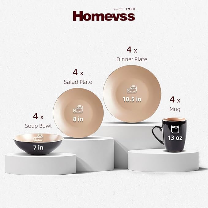 Stoneware Two-Tone Colors Life 16pc Dinner Set, Outside Shiny Black + Inside Matte Glaze Warm Beige