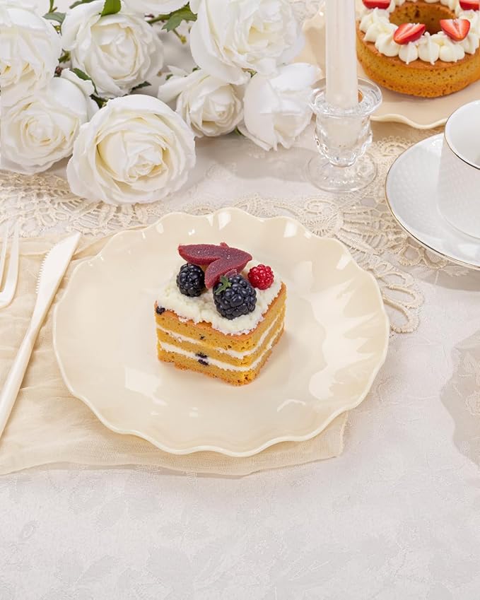 LIYH 20 Pcs Beige Plastic Plates Reusable 7.5 Inch - Unbreakable Plastic Dessert Plates - Scalloped Cake Plate for Weddings Camping Party Outdoor Picnics Dishwasher Safe BPA Free