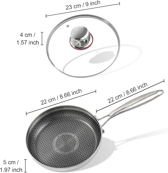8-inch stainless steel frying pan with lid, hybrid non-stick skillet for induction, small fry pan induction compatible, non-toxic chef's pan, pfoa-free cookware