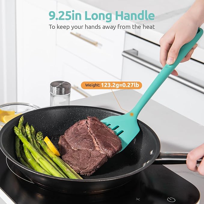 U-Taste 600쨘F Heat Resistant Silicone Turners: 13.6in Long Solid & Slotted Kitchen Spatula Flipper, Wide and Large Flexible Cooking Utensil for Flipping Egg, Pancake, Cookie (Aqua Sky, 2PCS)