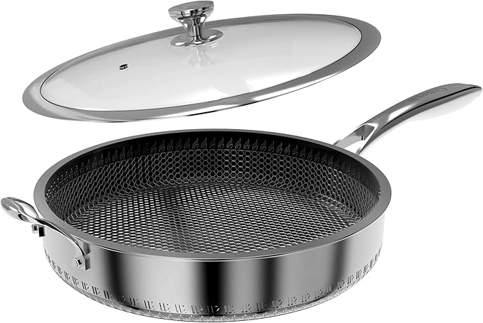 316L Stainless Steel 8QT Frying Pan Hexagon Nonstick Wok with Lid,Single Handle to Hold, PFOA Free, Dishwasher Oven Safe (8QT/Single Handle)