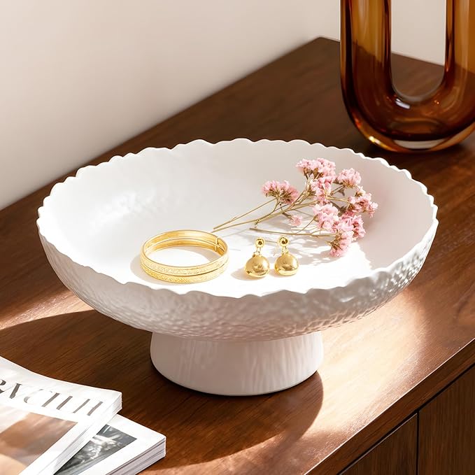 Large Glass Fruit Bowl for Kitchen Counter Decorative Centerpiece Bowl for Table Home D챕co, White Hammered