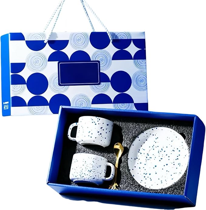 KLEIN BLUE Ceramic Coffee Mug and Saucer 6-Piece Gift Set, Includes 2 Mugs, 2 Saucers and 2 Gold Spoons (White+white)