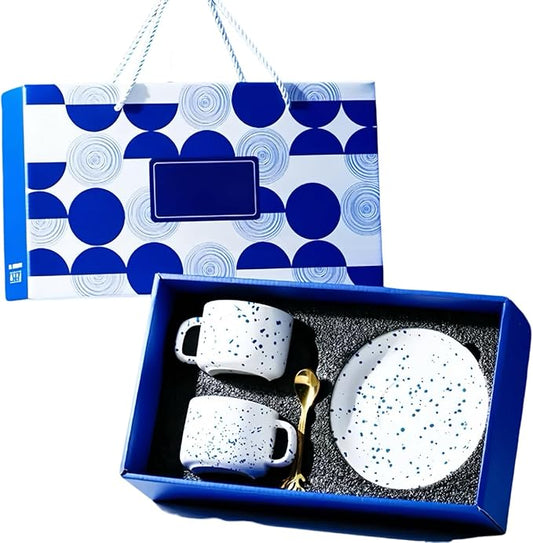 KLEIN BLUE Ceramic Coffee Mug and Saucer 6-Piece Gift Set, Includes 2 Mugs, 2 Saucers and 2 Gold Spoons (White+white)