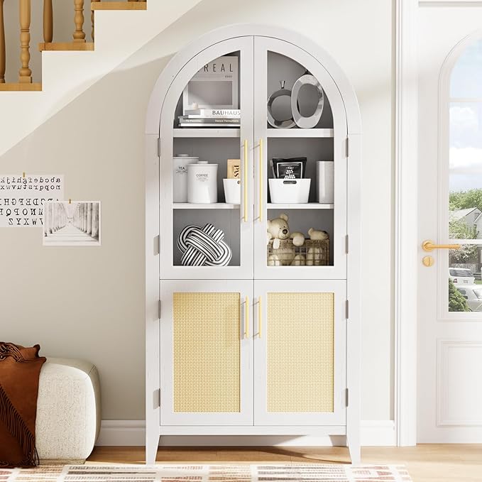 63??Arched Kitchen Pantry Cabinet ??5-Tier Modern Farmhouse Storage Cabinet w/Glass & Fluted Doors, Adjustable Shelves for Kitchen, Living Room, Entry, Office, Engineered Wood, White